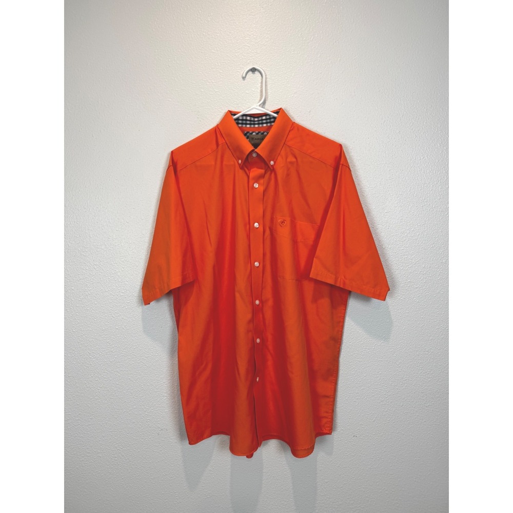 Ariat Button Down Shirt Mens L Orange Wrinkle Free Short Sleeve Logo Cotton